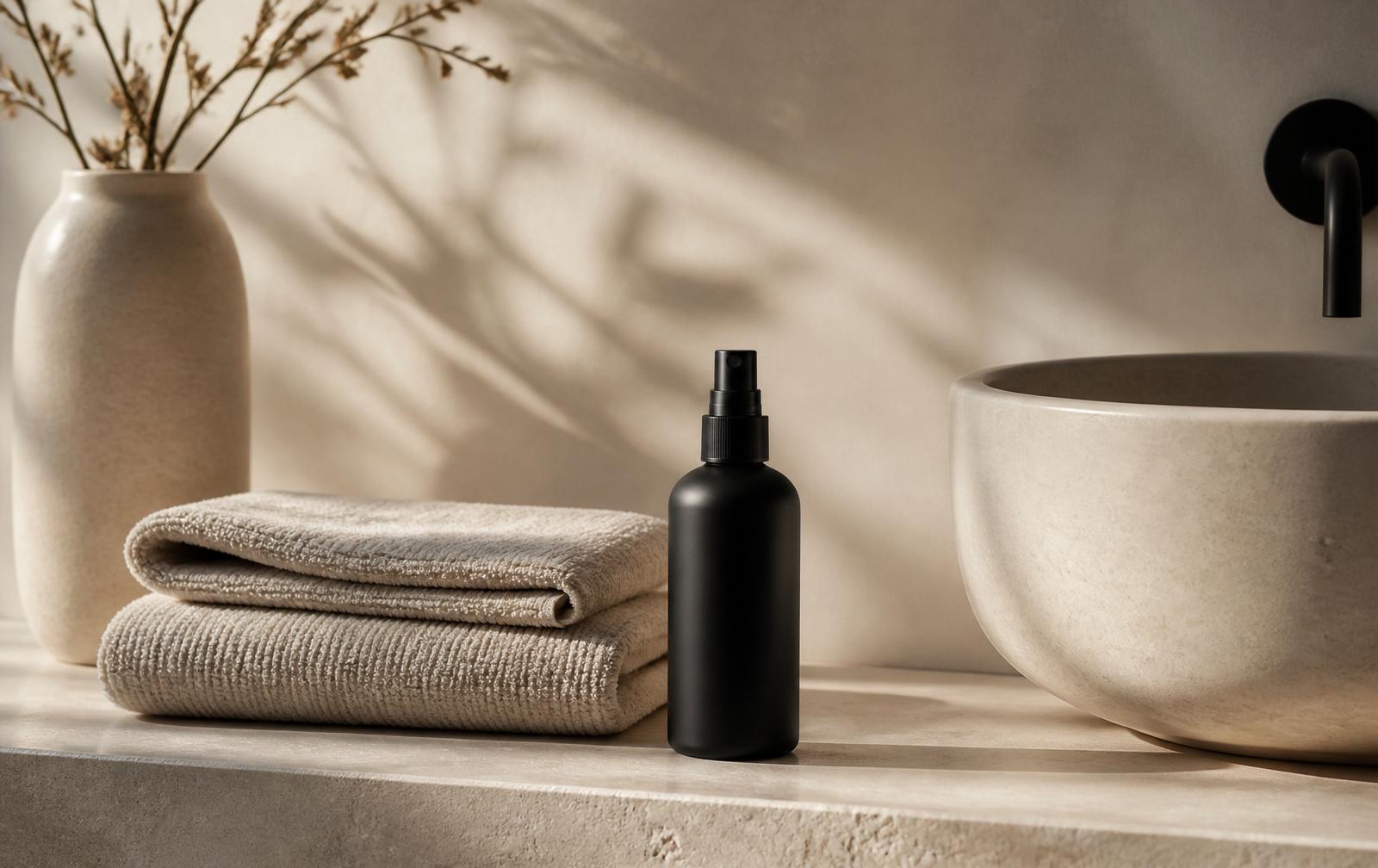 STRATA mist bottle styled on a stone counter