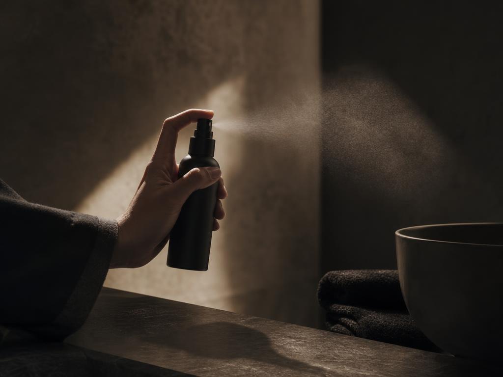 Hand misting a black bottle in warm light
