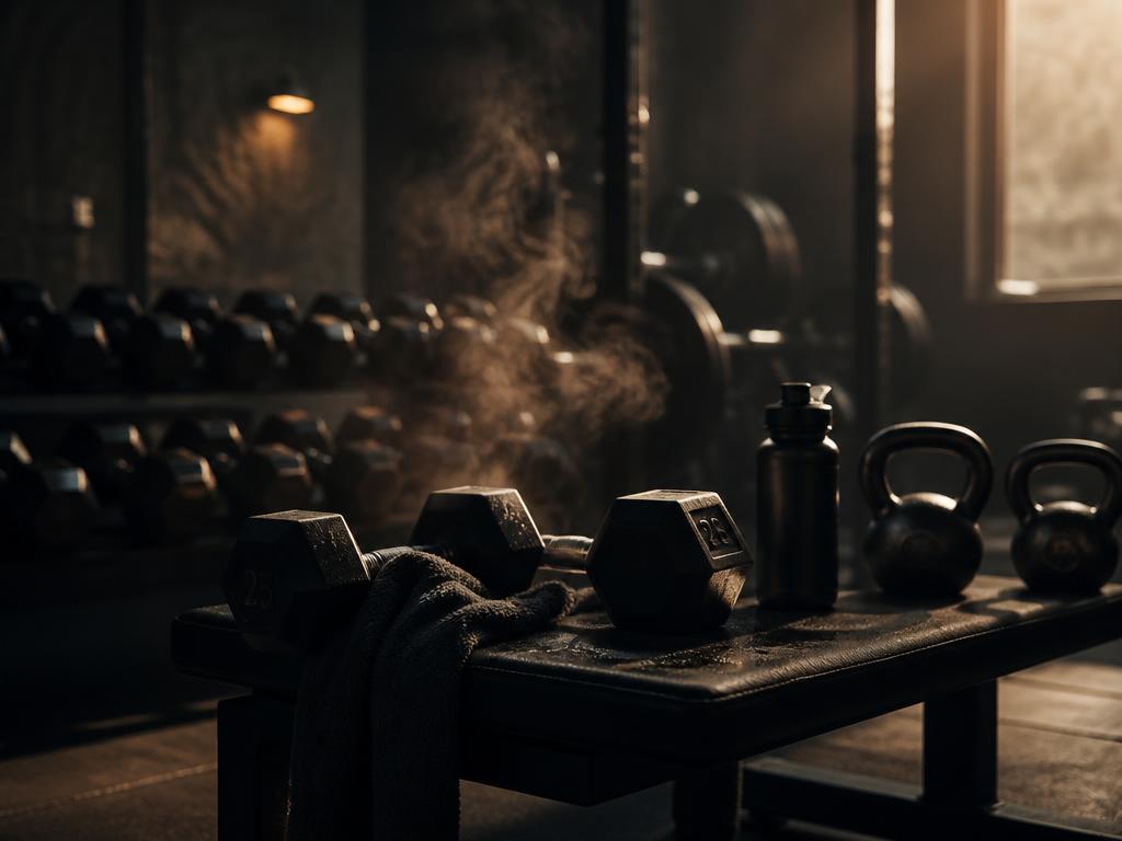 Moody gym bench with dumbbells and kettlebells after a workout