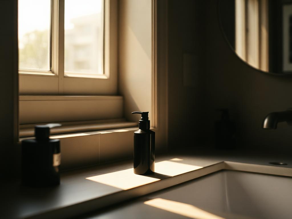 Morning light across a bathroom counter with a black bottle