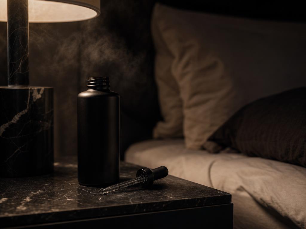 Bedside table with a black bottle and lamp in dim evening light