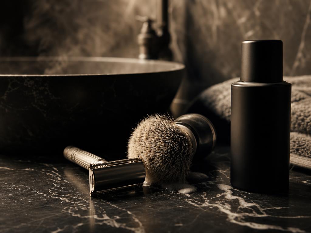 Moody bathroom counter with a razor, brush and black bottle after shaving