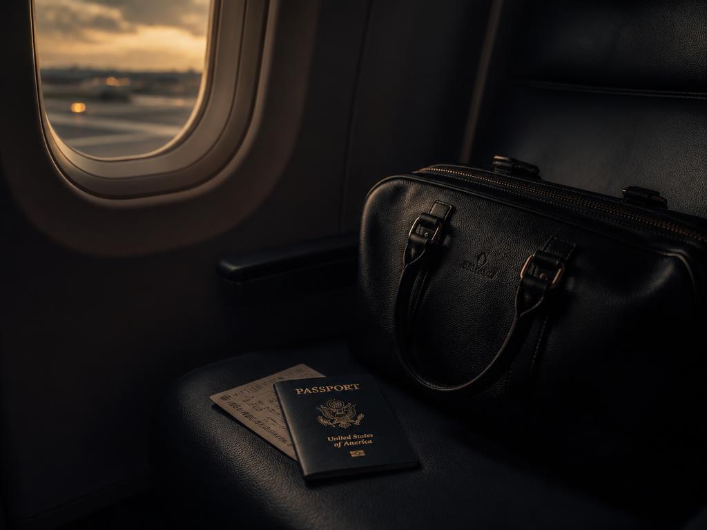 Airplane window at dusk with a leather bag and passport